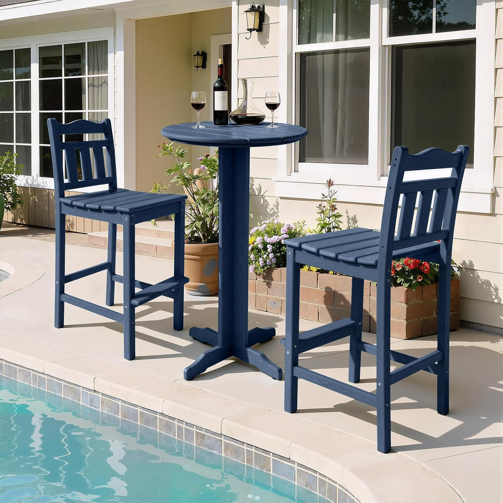 Outdoor Bar Stools Set of 2, HDPE Tall Adirondack Bar Chairs 27.5 Inch Seat Height w/Backrest, All Weather Patio Bar Height Chairs for Bistro Balcony Deck Poolside (Navy Blue)