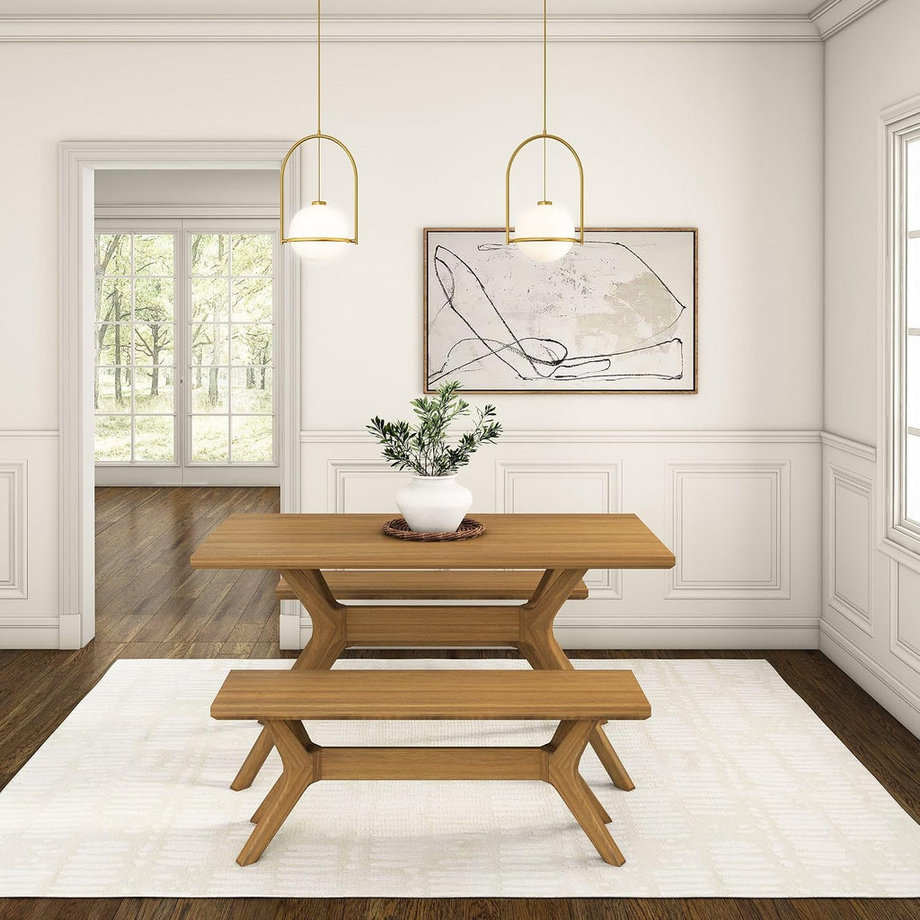 Plank+Beam Verso 48 Inch Modern Dining Bench, Pine Wood, Cross-Leg Base, Pecan