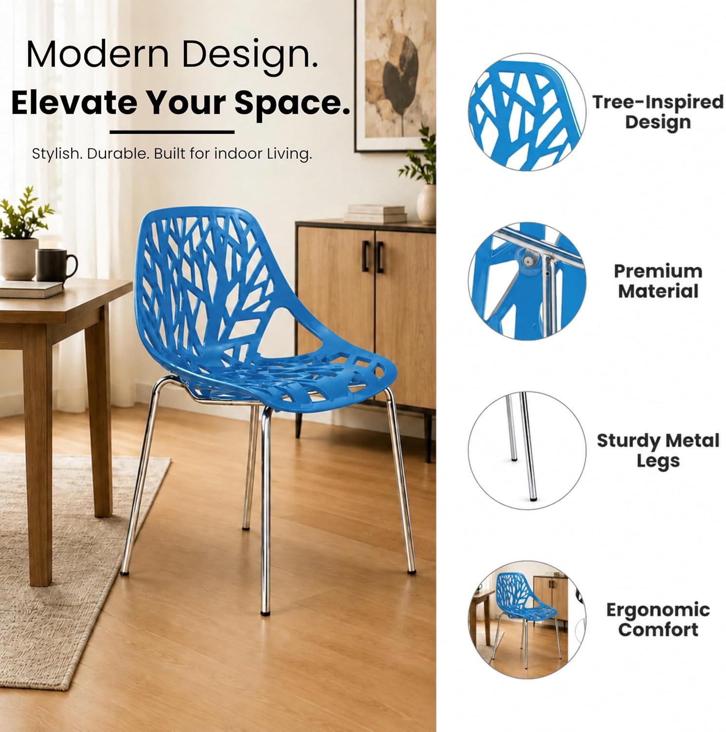 LeisureMod Asbury Modern Dining Chair Blue Color, Polypropylene Seat with Chrome Legs, Comfortable Solid Back Kitchen and Dining Room Chairs, Affordable Contemporary Seating