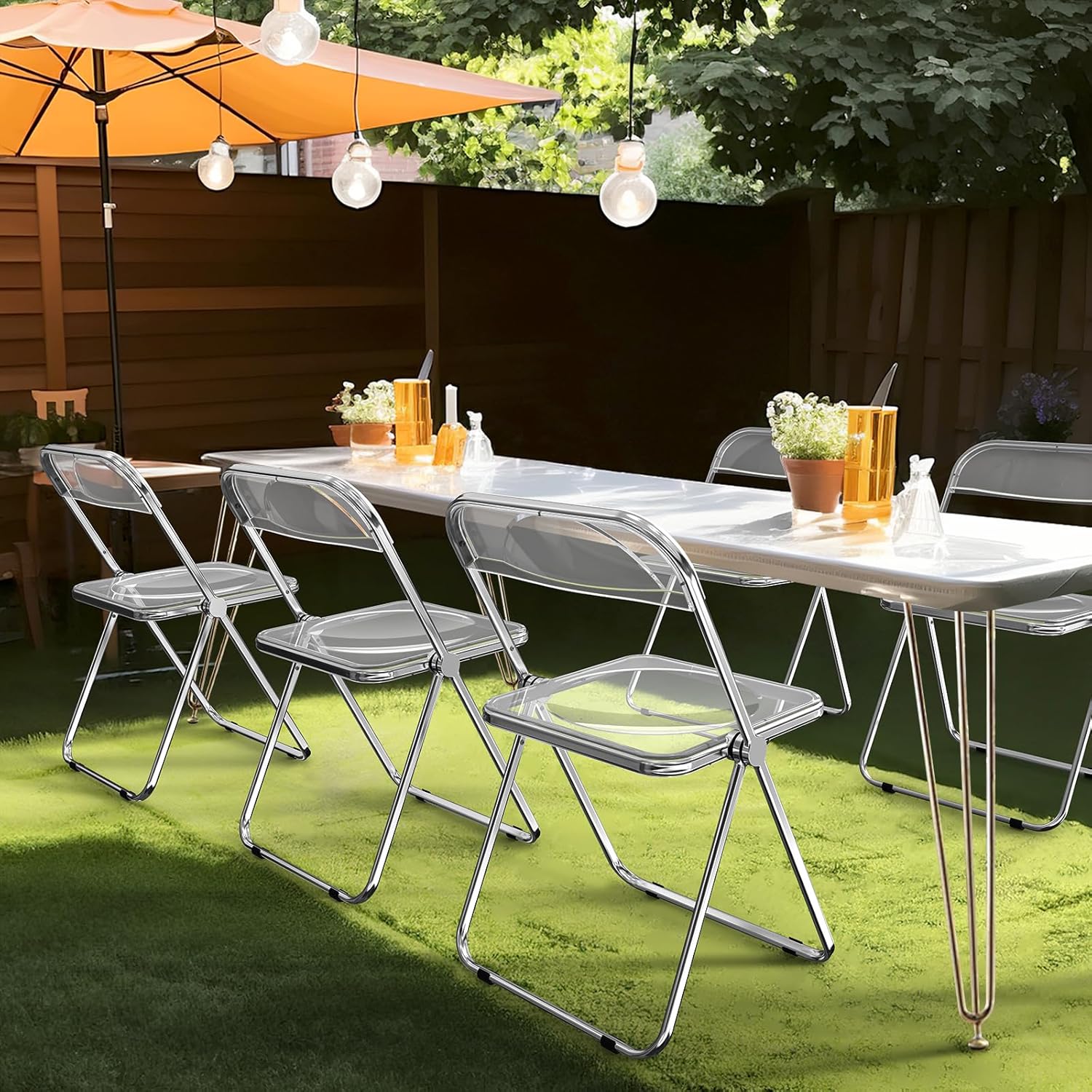 VINGLI Acrylic Folding Chairs 2 Pack, Clear Chair Foldable and Stackable, Plastic Panel & Metal Chrome Frame, Weight Capacity 350 lbs, Transparent