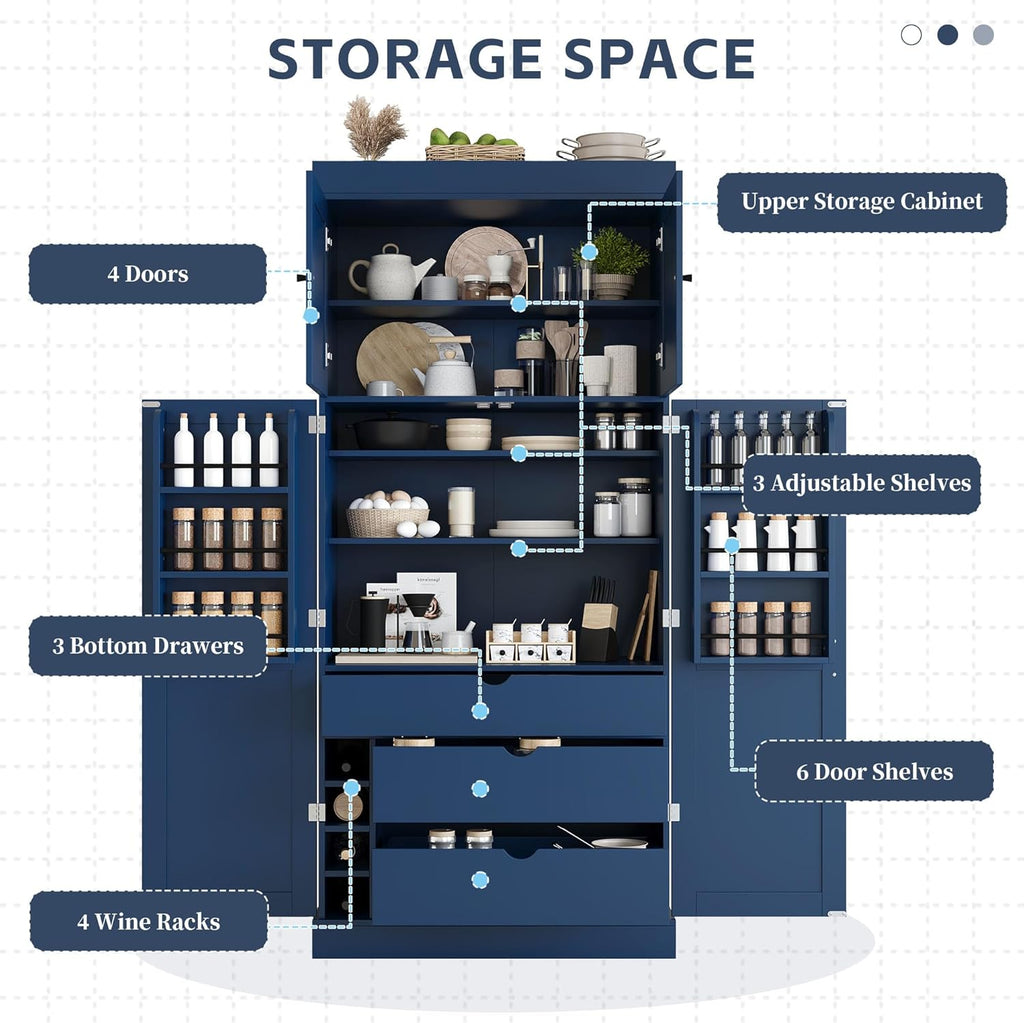Merax 77''Tall Freestanding Kitchen Pantry,Farmhouse Tall Storage Cabinet with 2 Standard Plugs and 2 USB Ports,Wood Food Pantry with Adjustable Shelves,Door Shelves, Drawers and Wine Racks,Blue