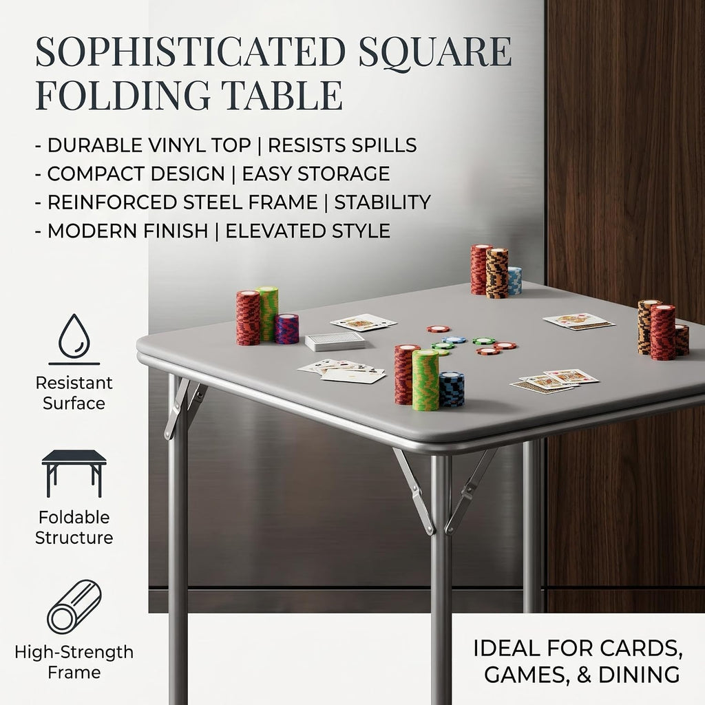 Garvee 34 Inch Square Folding Card Table for 4 Players, Portable Foldable Table with Waterproof PU Padded Top, Easy Setup Anti-Wobble Metal Frame for Board Games, Dining & Parties, Grey，Table only