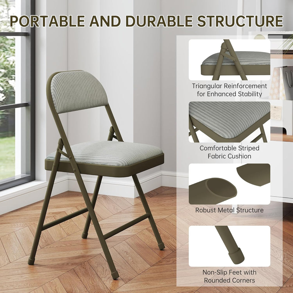 4 Pack Padded Cushion and Back Folding Chairs, Fabric Dining Chair Set with Steel Frame Metal for Home and Office, for Indoor and Outdoor Events, (Fabric Oatmeal Strip)