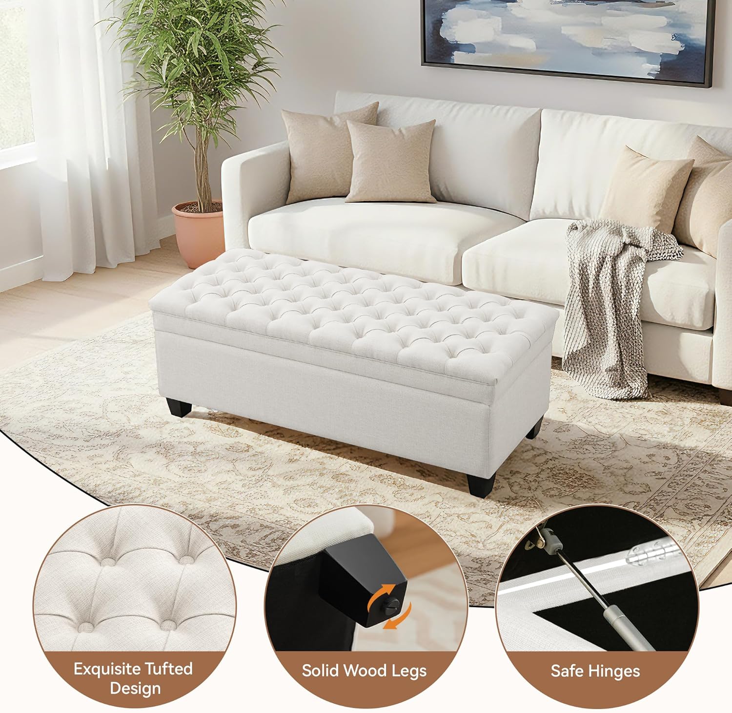50" Storage Ottoman Bench, Rectangular End of Storage Bench, Upholstered Large Fabric Tufted Ottoman with Storage for Living Room, Bedroom, Entryway,Wihte