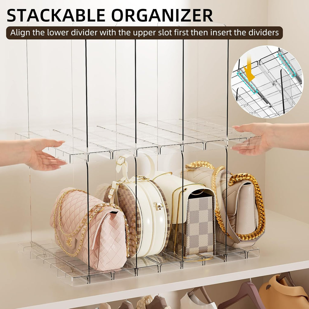 JOYZAN Stackable Purse Organizer for Closet, Adjustable Shelf Dividers for Closet Organizer Clear Acrylic Closet Purse Organizer Detachable Handbag Storage Separator Dividers for Home, Office - 4 Pack