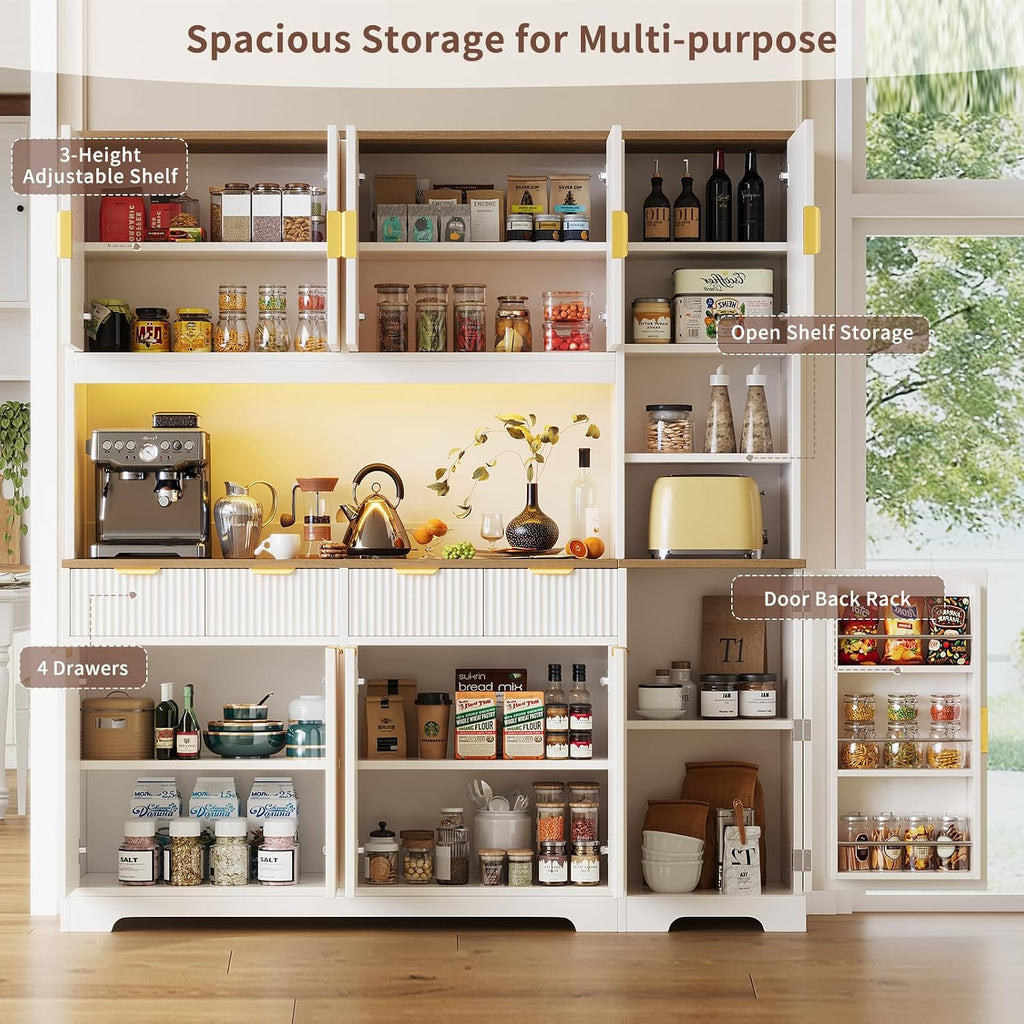 63" Kitchen Storage Cabinet with LED Light & Charging Station, Pantry Cabinet with Fluted Doors & Gold Handles, Hutch with 4 Drawers & Adjustable Shelves, Coffee Bar Cabinet for Dining Room, White
