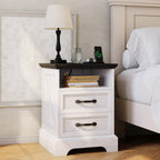Garvee Farmhouse Rustic Nightstands with Charging Station Set of 1/2, Modern Wood Night Stands Bedside Tables with 2 Drawers, USB Ports & Outlets, White Accent Side Tables for Living Room Bedroom