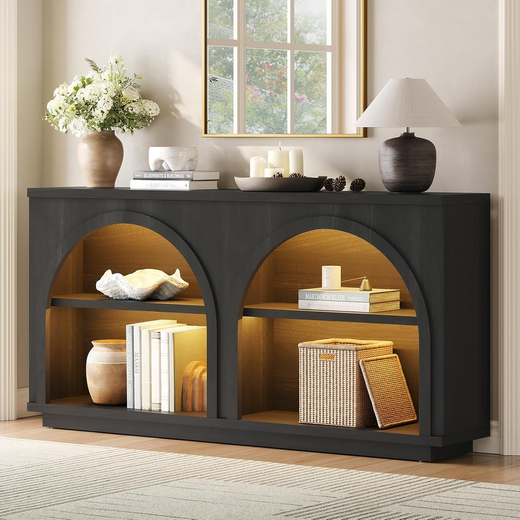 Sikaic 63" Arched Console Table with LED Lights, Modern Farmhouse 3-Tier Storage Entryway Table, Sofa Table Behind Couch, Sideboard Buffet Storage Cabinet for Entrance, Hallway, Living Room, Black