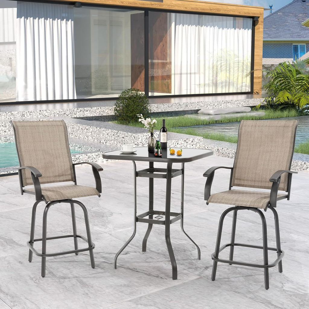 UDPATIO Outdoor Swivel Bar Stools Set of 4,Outdoor High Bistro Stools with Waterproof Textile Fabric,Armrest,Footrest,All Weather Bar Height Patio Chairs for Poolside, Garden, Backyard,Brown