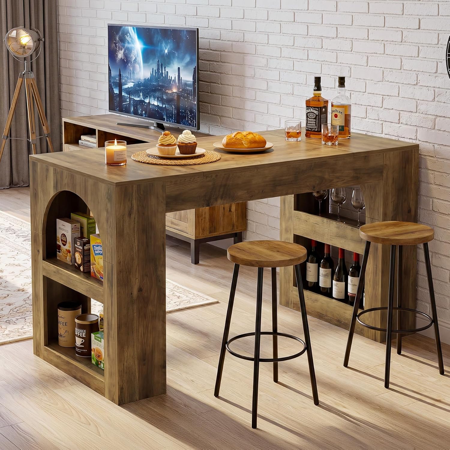 Tribesigns 63" Bar Table, Counter Height Table with Storage, Long High Top Counter Table for Kitchen, Dining Room, Home Bar, Vintage Brown