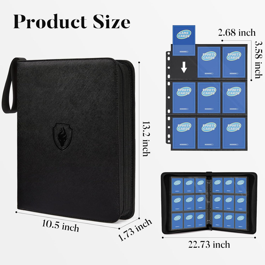 Fabmaker 9 Pocket Card Binder, Premium Trading Card Binder Holds 756 Cards, PU Cover 3 Ring Zipper Card Binder, Portable Baseball Card Binder, Collection Album for Game & Sport Cards, Black
