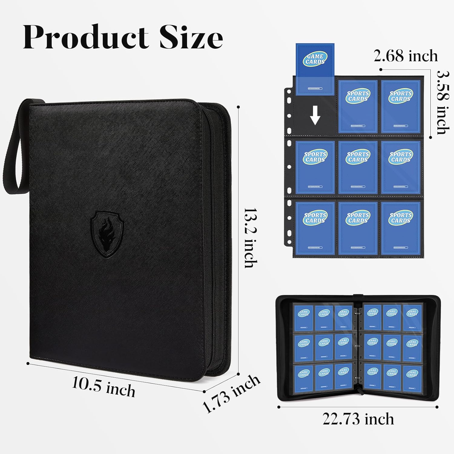 Fabmaker 9 Pocket Card Binder, Premium Trading Card Binder Holds 756 Cards, PU Cover 3 Ring Zipper Card Binder, Portable Baseball Card Binder, Collection Album for Game & Sport Cards, Black