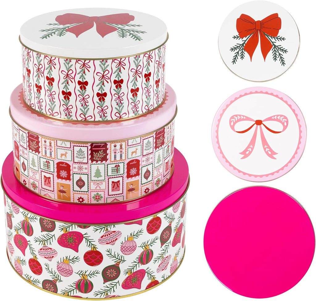 Martha Stewart Metal Cookie Tins, 3-Piece Nesting Set, Small, Medium & Large, Christmas Containers for Gift & Storage (Ornaments and Bows)