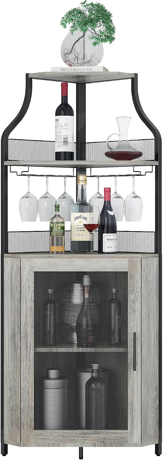 GAOMON Corner Wine Bar Rack Cabinet with Detachable Wine Rack, Bar Cabinet with Glass Holder, Small Sideboard and Buffet Cabinet with Mesh Door (Grey)