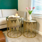 Homebeez Gold Nesting Tables Set of 2, Glam Leaf Design Round End Table with Stainless Steel Top for Living Room & Bedroom, No Assembly Required