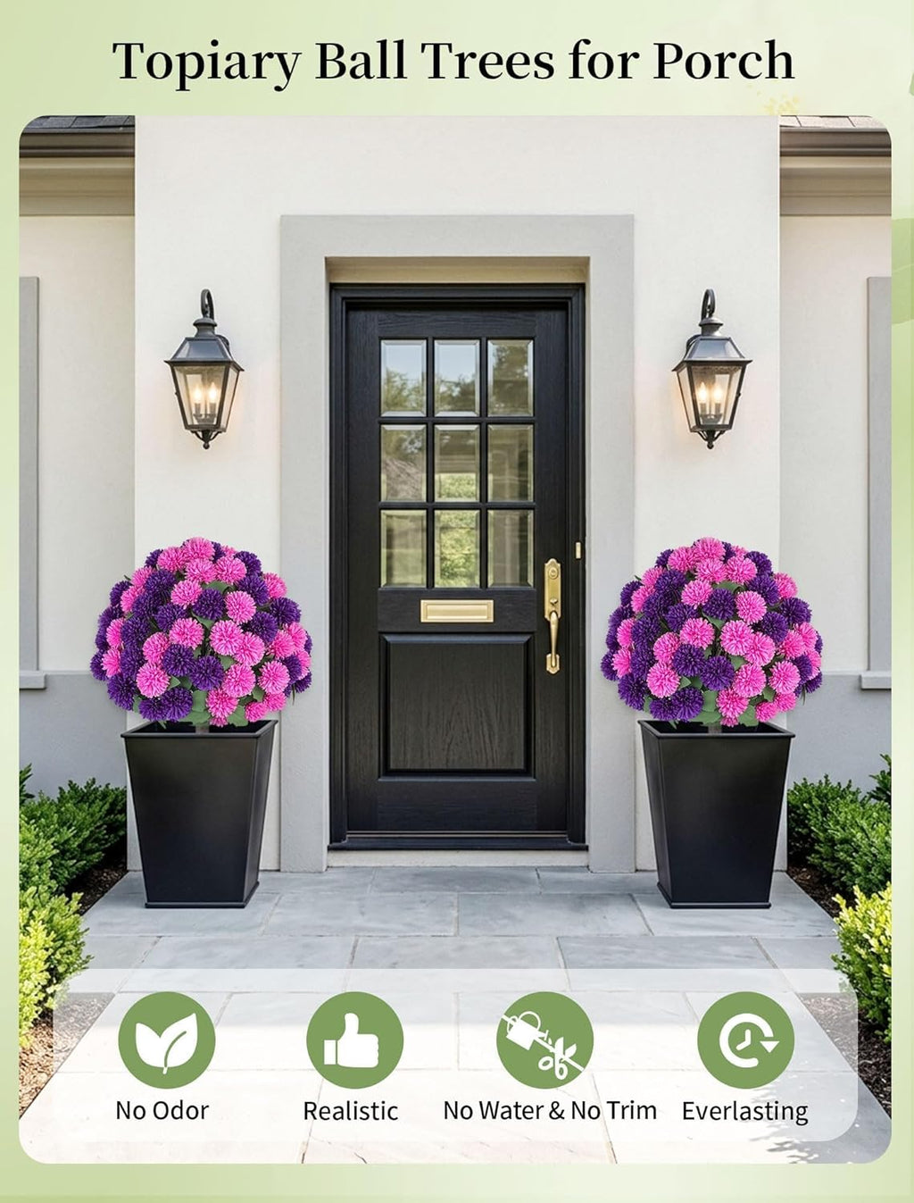 Fake Outdoor Flowers with Stakes - Set of 2 Pink Purple 33" H X 19.7" W Artificial Mums Topiary Flower Balls for Front Porch Planters Decor - Faux Silk Floral Bushes Plants for Outside Patio Yard