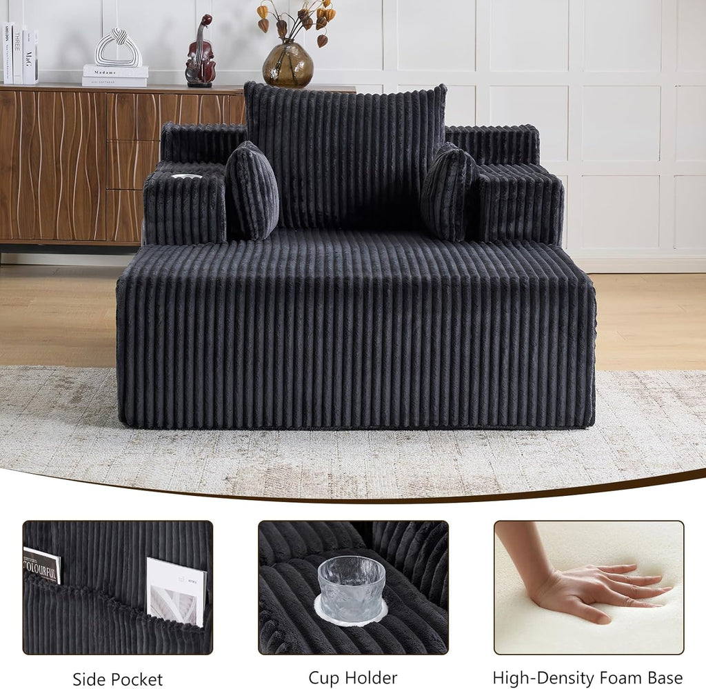 Furnimart 66" Oversized Chaise Lounge Indoor, Upholstered Sofa Bed with 1 Cup Holders & 4 Side Pockets, No Assembly Required Corduroy Reading Chair, Small Couches for Small Spaces, Grey