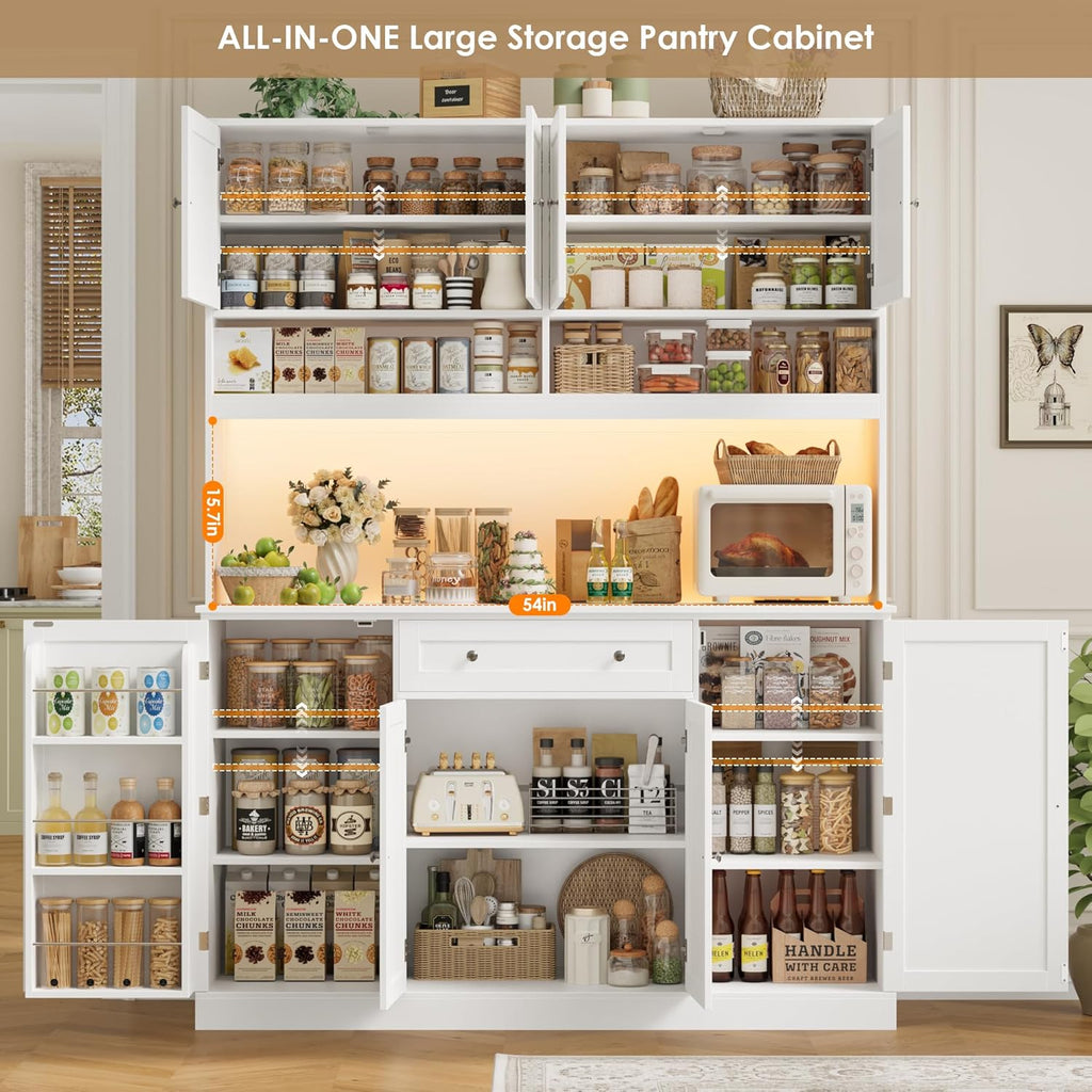 HIFIT 72.8” Tall Kitchen Pantry Cabinet with LED & Charging Station, 55” Wide Farmhouse Pantry Storage Cabinet with Microwave Stand&Shelves&Barn Doors, Kitchen Hutch Coffee Bar for Living Room, White