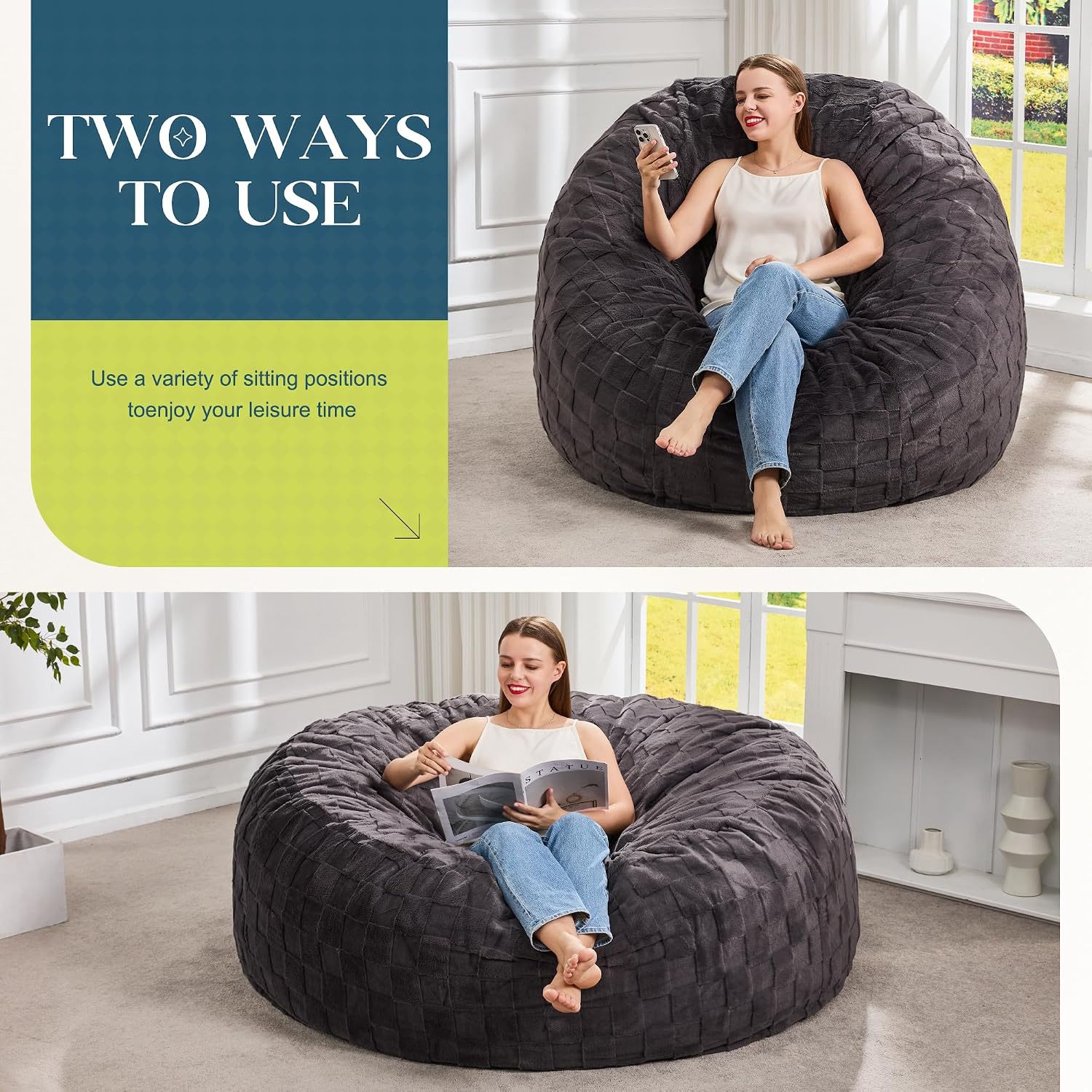 Hobestluk Adults Bean Bag Chair 5FT Big BeanBag Chair Giant Large Oversized | Memory Foam,Washable Cover,Unique Fluffy Plaid,Comfy Bean Bag with Filler Lounging Gaming Bedroom Living Room | Dark Grey 5FT