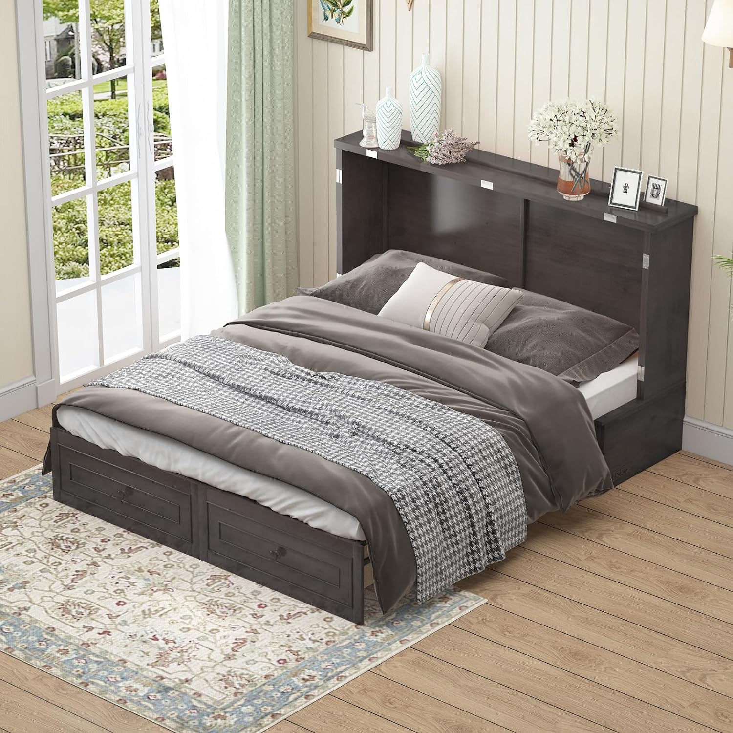 BALUS Queen Murphy Bed, Murphy Cabinet Bed with Tri-Fold Mattress & Storage Drawer, Guest Beds Space Saving Adult Cabinet Murphy Beds with USB Charging Ports for Guest Room Bedroom, Grey