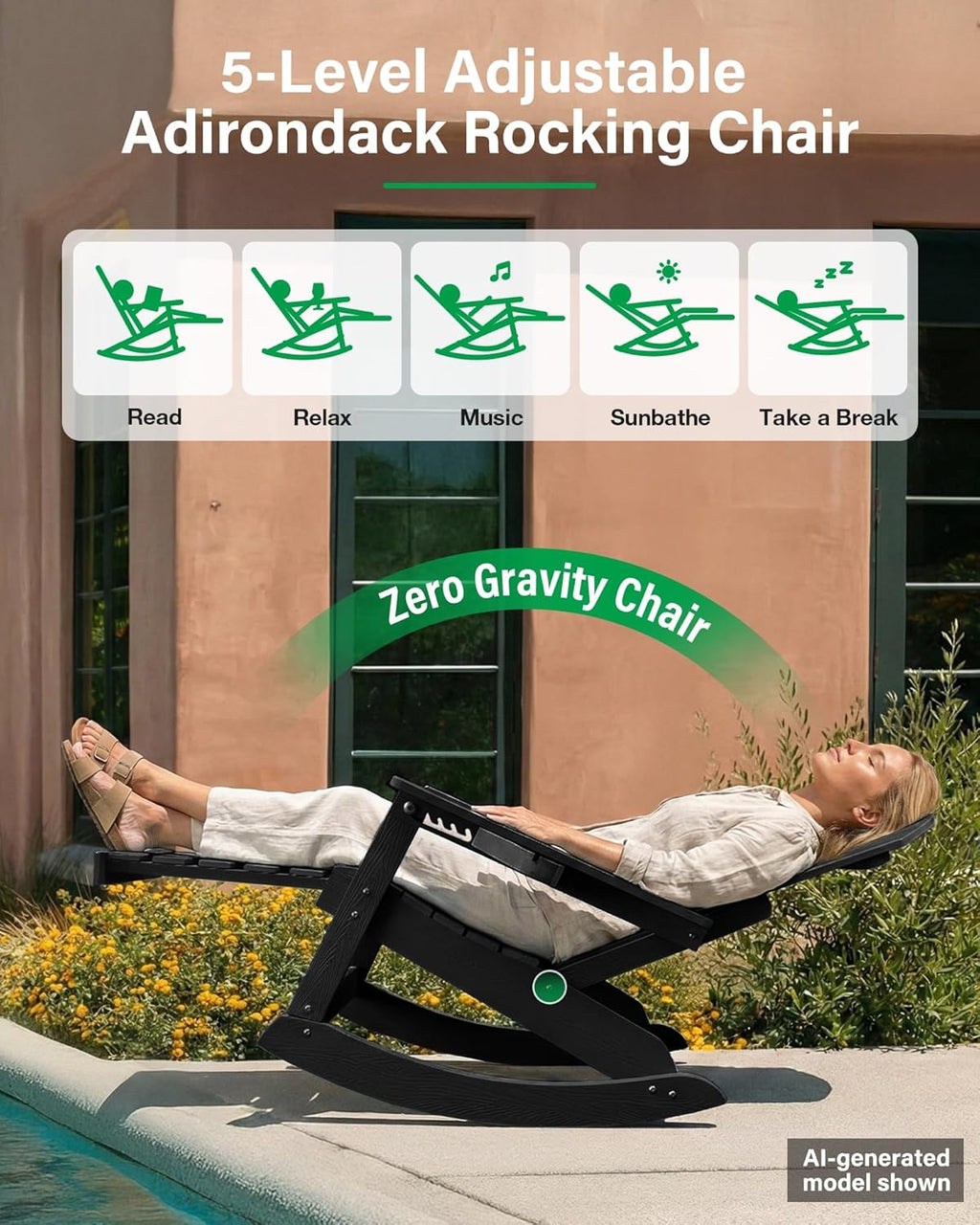YEFU Outdoor Rocking Chairs Set of 2, Adirondack Chair with Retractable Ottoman, Adjustable Adirondack Rocking Chair,Rockings Chairs Outside,Weather Resistant,for Patio,Porch,Lawn,Heavy Duty,Black