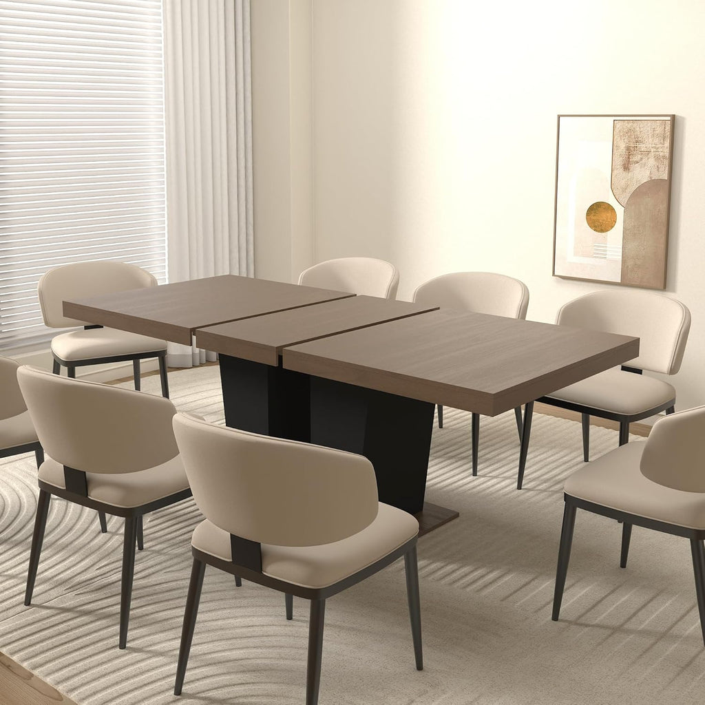 78.74" Extendable Dining Room Table for 4-10 People,Wooden Transformer Kitchen Dining Table with Black Double Sturdy Pedestal Base,Modern Expandable Large Table,Beige+Brown
