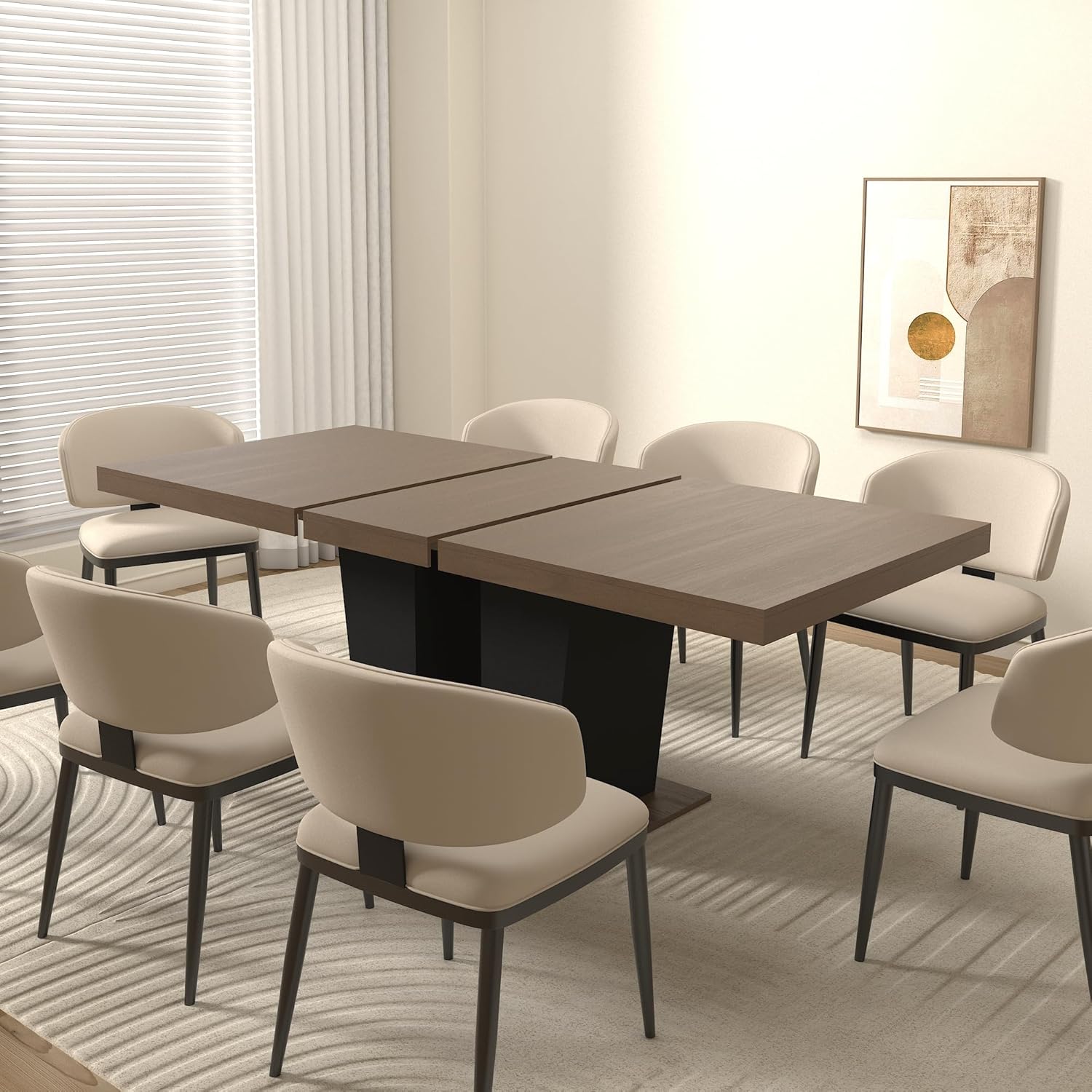 KEIKI 63"–79" Extendable Dining Table, Rectangular Wooden Kitchen Table with Dual Pedestal Base, Space-Saving Transformer Table for 4–10 People, Brown