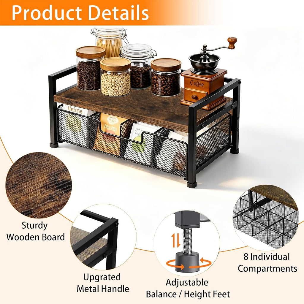 Tea Bag Organizer for Kitchen Countertop, Wooden Tea Box Organizer with Drawer and Top Tray, Tea Station Organizer, Tea Bag Holder and Tea Storage Box for Coffee Bar, Pantry, Rustic Brown