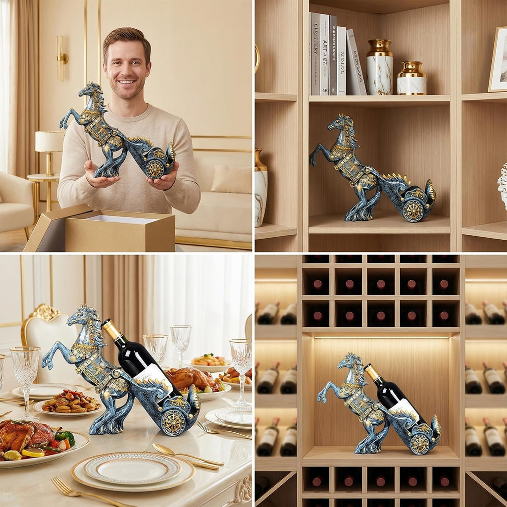 Horse Sculpture Resin Wine Bottle Holder - Tabletop Kitchen Decor, Decorative Storage Organizer for Home Bar Cellar, Unique Gift for Men Women Housewarming, Holds 1 Standard Bottle (Blue A)
