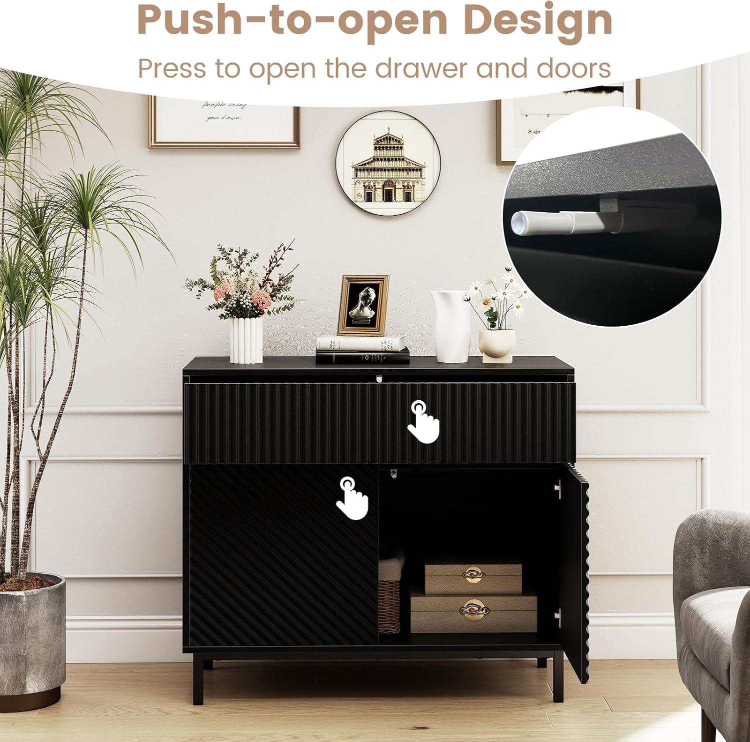 Giantex Buffet Cabinet with Storage, 32" Wide Coffee Bar Console Table with 2 Doors and 1 Drawer, Sideboard Credenza, Modern Fluted Storage Cabinet for Kitchen, Dining Room, Living Room (1)