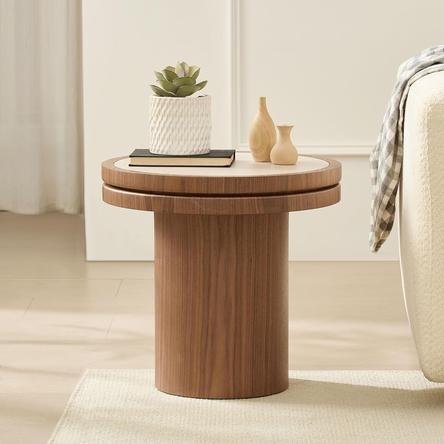 LKTART 19.49 Inch Round End Table with Sintered Stone Top, Mid-Century Modern Wood Table with MDF Pedestal, Small End Tables for Living Room Bedroom Apartment, Easy Assembly, Natural