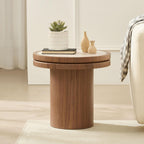Round End Table, 19.49'' Mid Century Modern Faux Marble Side Table, Circle Bedside Tables Drink Table Wood Nightstand for Small Spaces, Living Room Walnut