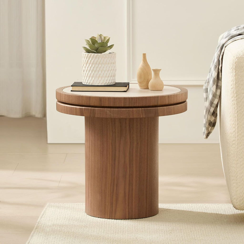 LKTART 19.49 Inch Round End Table with Sintered Stone Top, Mid-Century Modern Wood Table with MDF Pedestal, Small End Tables for Living Room Bedroom Apartment, Easy Assembly, Natural