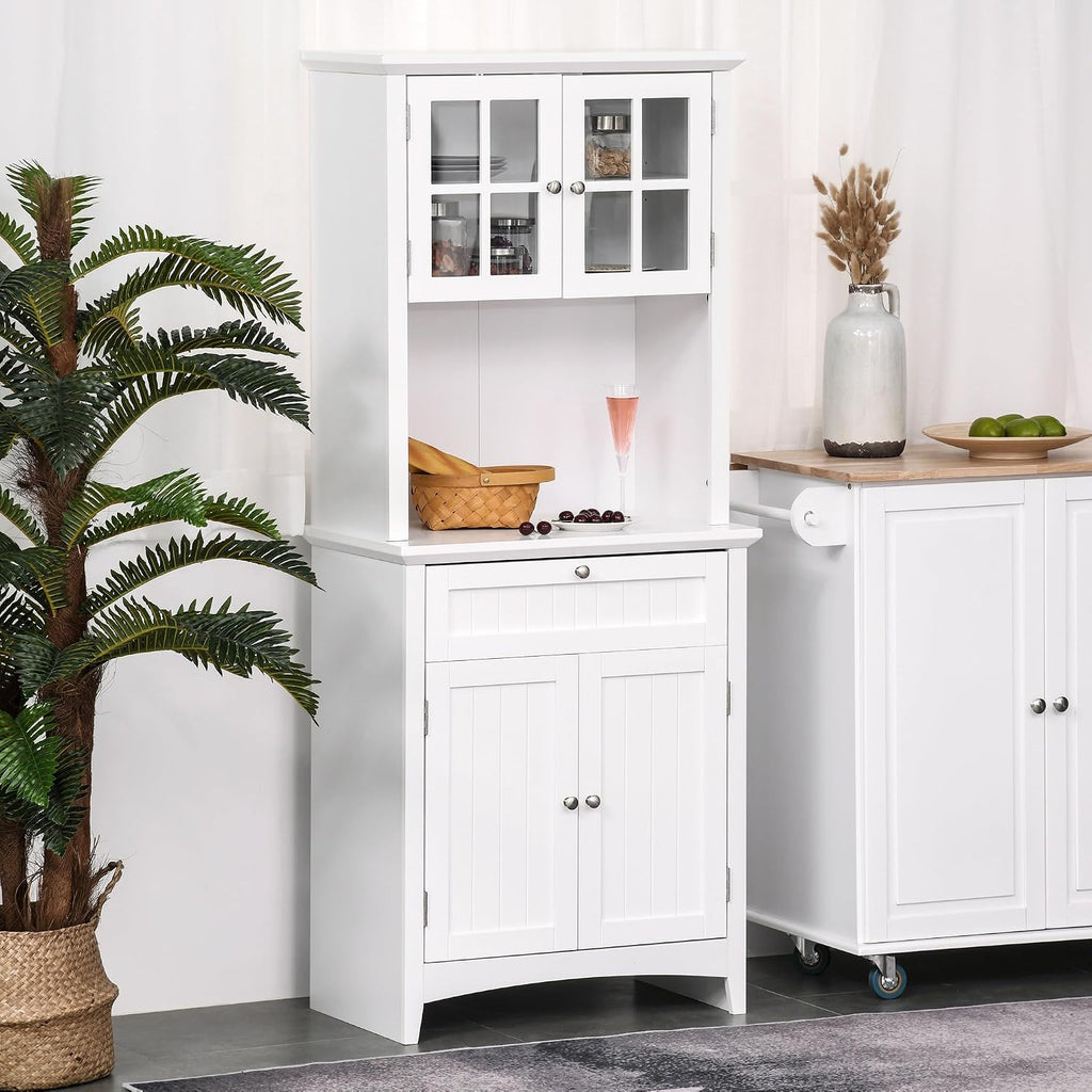 Elegant Buffet with Hutch, Kitchen Pantry Storage Cabinet with Framed Glass Door Drawer and Microwave Space, White,15.8 * 27 * 64.5