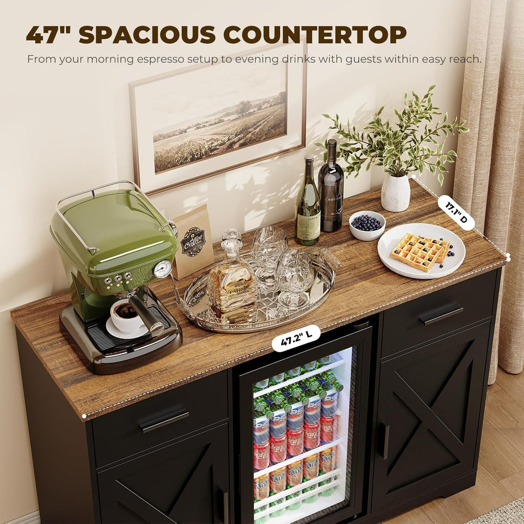 Large Coffee Bar Cabinet with Fridge (Fridge Included), 47'' Farmhouse Bar Cabinet with Wine Storage, Buffet Sideboard Table Station with 2 Drawers & Large Countertop for Home, Black