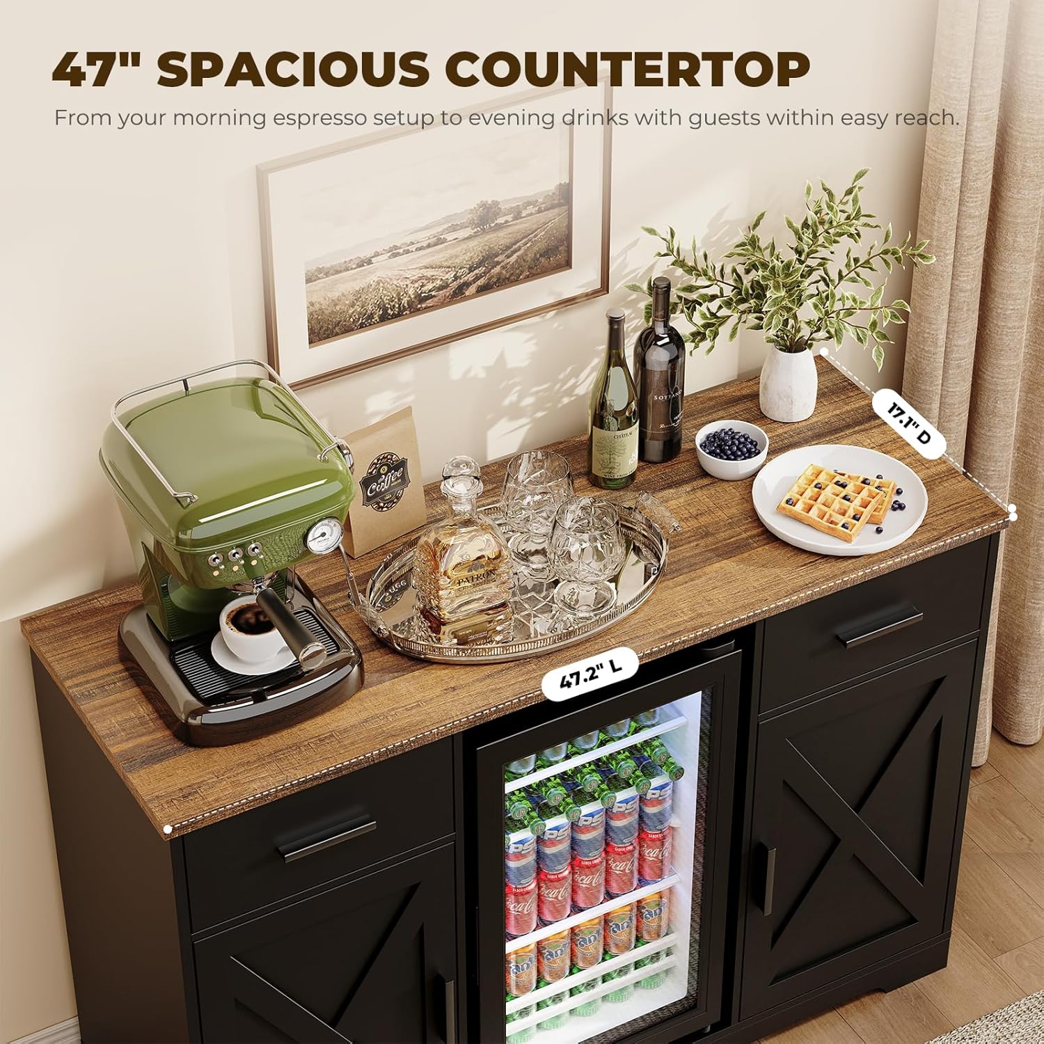 Large Coffee Bar Cabinet with Fridge (Fridge Included), 47'' Farmhouse Bar Cabinet with Wine Storage, Buffet Sideboard Table Station with 2 Drawers & Large Countertop for Home, Black