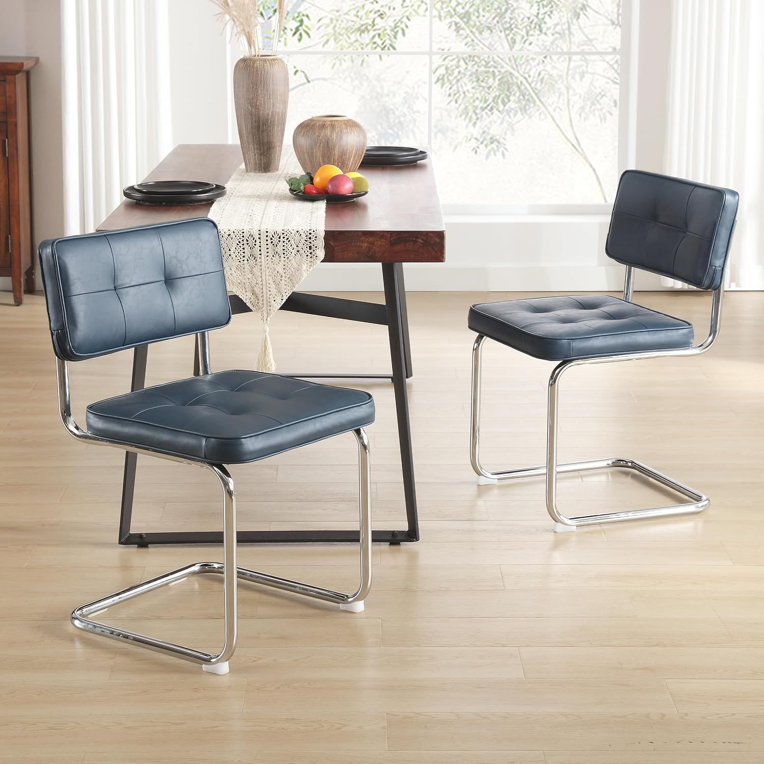 ONEVOG Retro Kitchen & Dining Chairs Set of 2, Mid Century Modern Dining Seat 19.3" with Faux Leather Cushion Back, Cantilever Chrome Metal Legs, Upholstered Armless Chair for Small Living Room, Blue