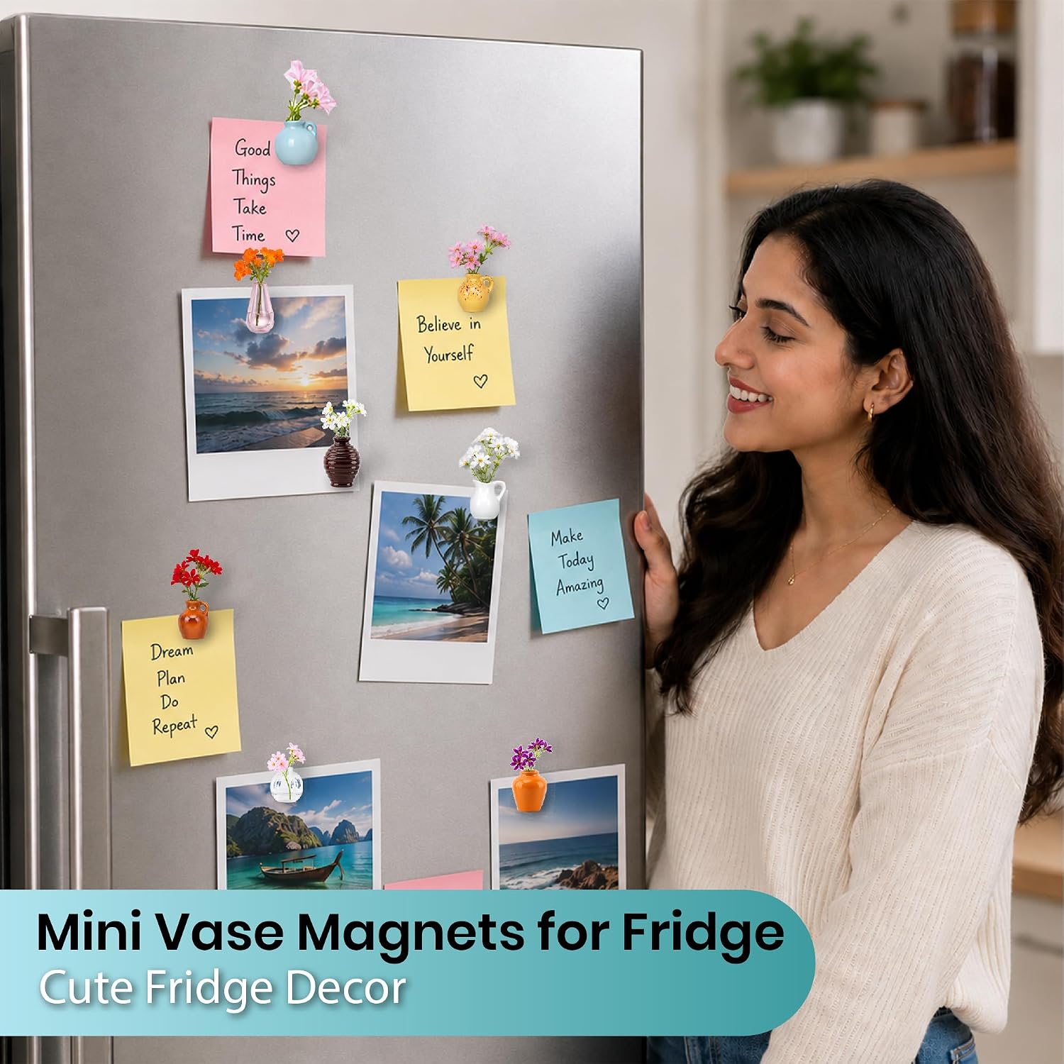 8 Pcs Refrigerator Magnets with Flowers- Cute Mini Ceramic Vase Fridge Magnets with Artificial Flowers, Funny Tiny Vase Magnet for Fridge Decorative, Office, Kitchen, Locker, Whiteboard