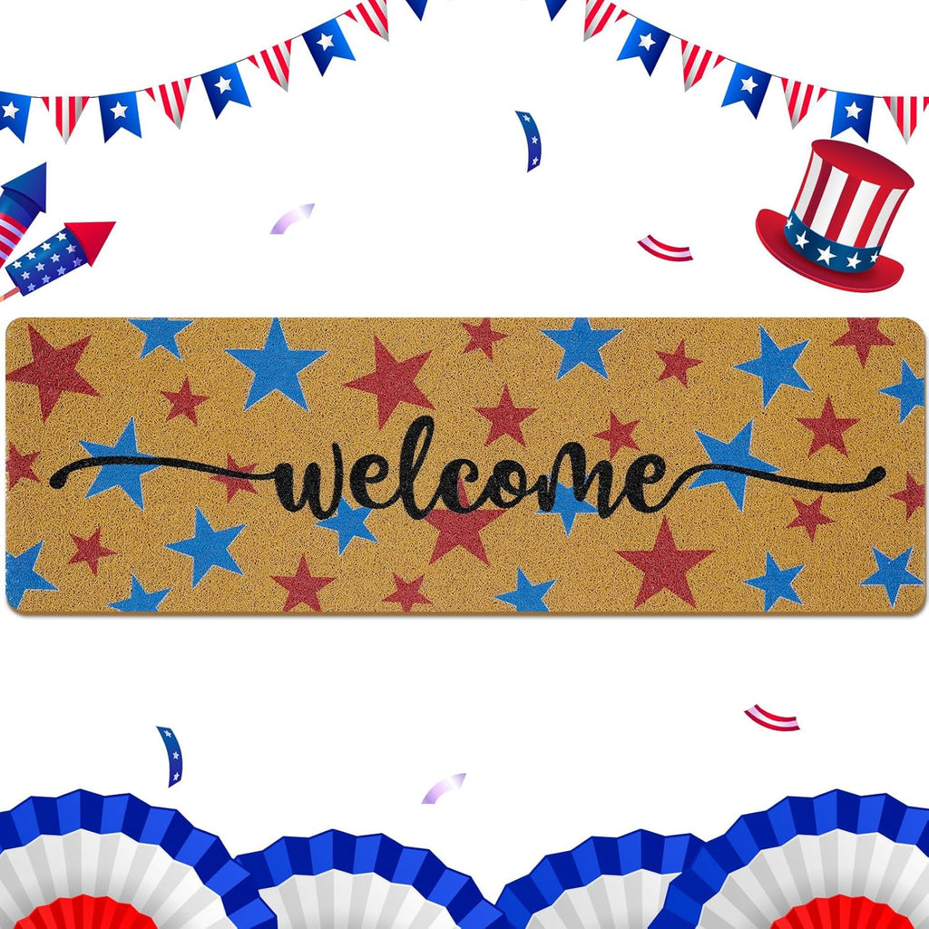 Long Doormat 48x 16 inch Front Door Mat 4th of July Doormat Patriotic Door Mat Red Blue Star Welcome Mat for 250th Anniversary Independence Day Front Door Porch Entrance Decor
