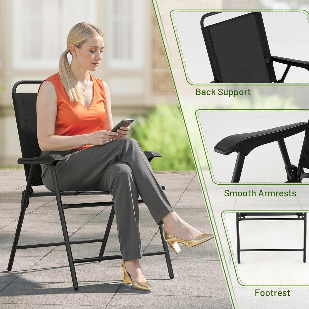 S AFSTAR Patio Chairs Set of 4, Outdoor Folding Lawn Chairs Sling Back Dining Chairs with Armrests & Breathable Seat, Metal Frame Folding Chairs for Garden, Deck, Yard & Porch