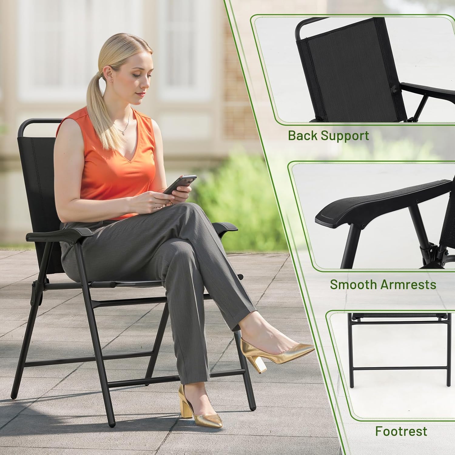 S AFSTAR Patio Chairs Set of 4, Outdoor Folding Lawn Chairs Sling Back Dining Chairs with Armrests & Breathable Seat, Metal Frame Folding Chairs for Garden, Deck, Yard & Porch