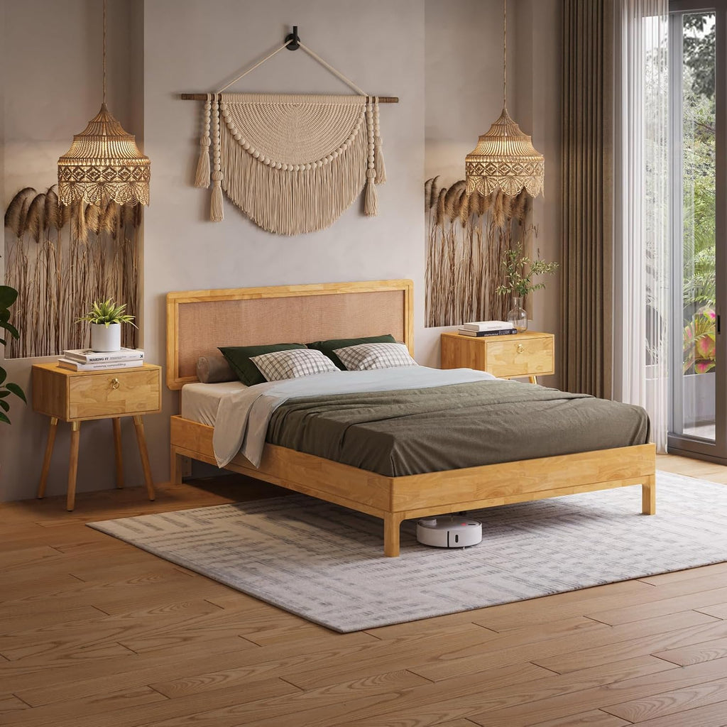 Bme Nipe Bed Frame with Headboard, Bohemian and Mid-Century Modern Style, Solid Rubber Wood Platform Bed with Slat Support, No Box Spring Needed, Easy Assembly, Queen - Light Natural