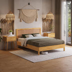 Bme Nipe Bed Frame with Headboard, Bohemian and Mid-Century Modern Style, Solid Rubber Wood Platform Bed with Slat Support, No Box Spring Needed, Easy Assembly, Queen - Light Natural