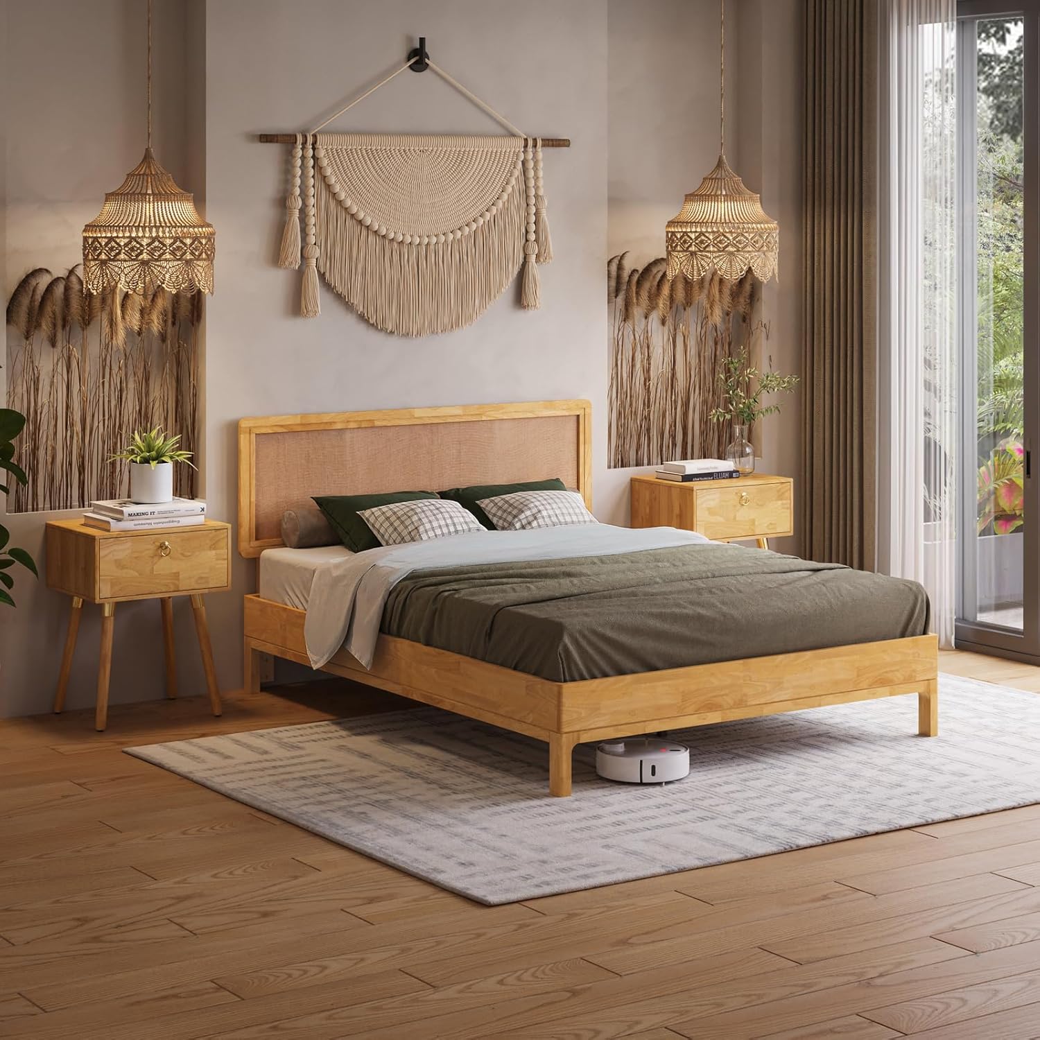 Bme Nipe Bed Frame with Headboard, Bohemian and Mid-Century Modern Style, Solid Rubber Wood Platform Bed with Slat Support, No Box Spring Needed, Easy Assembly, Queen - Light Natural