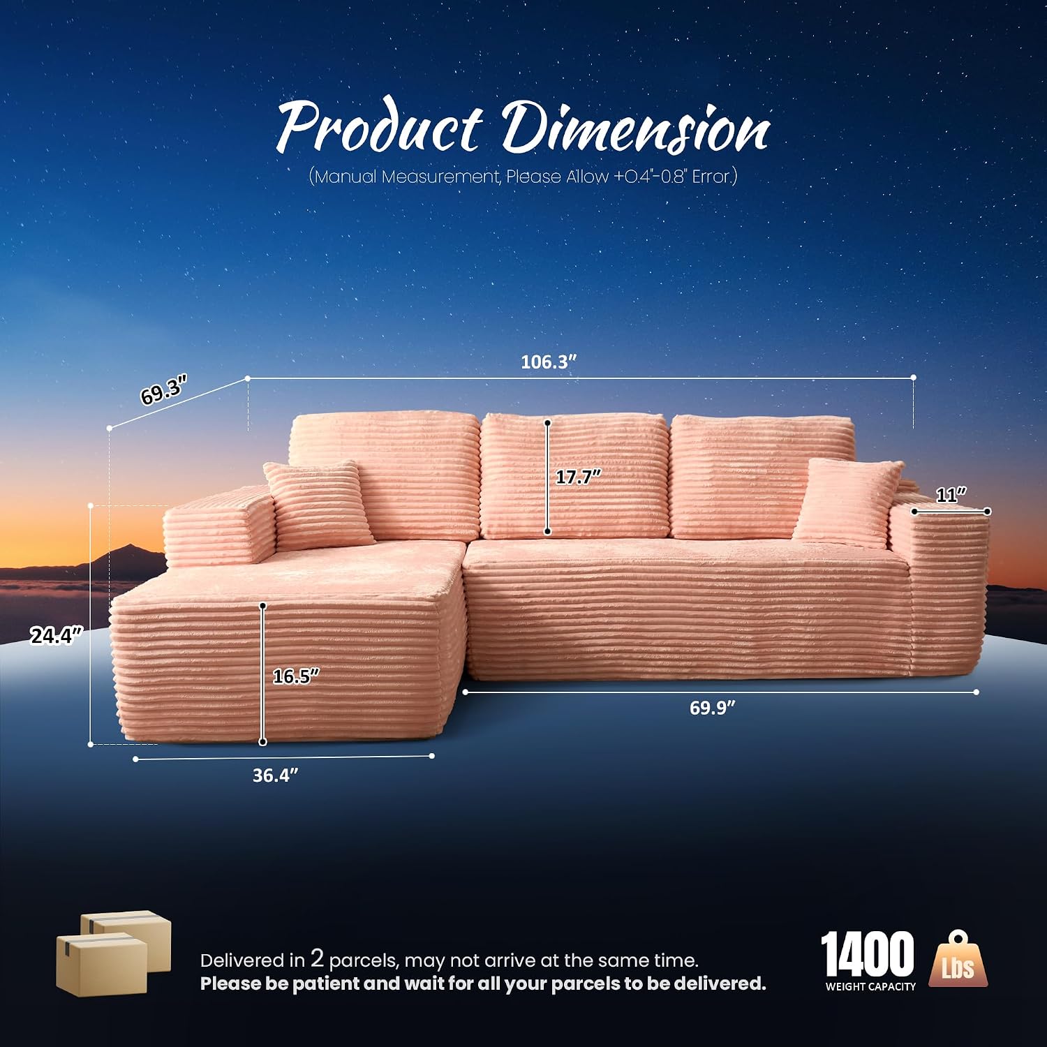 ovios 104" Cloud Boneless Couch with Glitter Fabric, Moudular Sectional Sofa with Deep Seat, No Assembly Required, Modern Minimalist L Shaped Couches with Chaise for Living Room, Pink