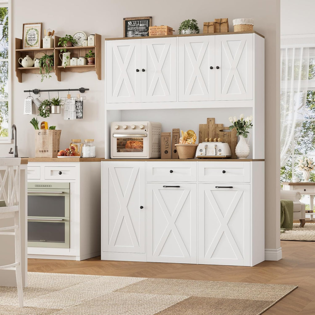 HOSTACK 71"H Kitchen Trash Can Cabinet, 12.5 Gallon Double Pull Out Garbage Can Hutch Cabinet with Trash Bin Storage Holders, 47" Wide Kitchen Pantry with Hidden Garbage Storage for Dining Room, White