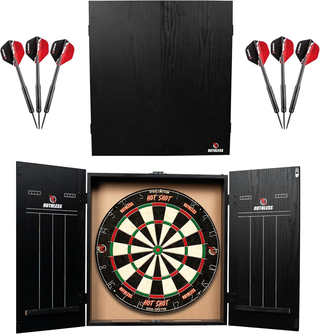 Ruthless Home Darts Centre with or Without LED Light Options | Home Dart Board Centre Including Cabinet, Dartboard and 2 Sets of Darts.
