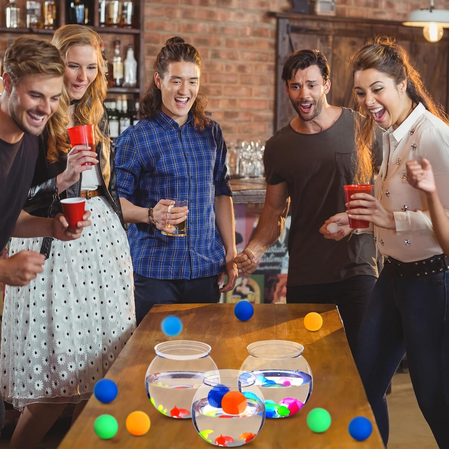 Jingmore 12 Set 30 oz Fishbowl Table Tennis Carnival Game Favors with Bounce Round Bowls Multicolor Balls Plastic Gold Fish for Adults Carnival Game Party Activity Prizes