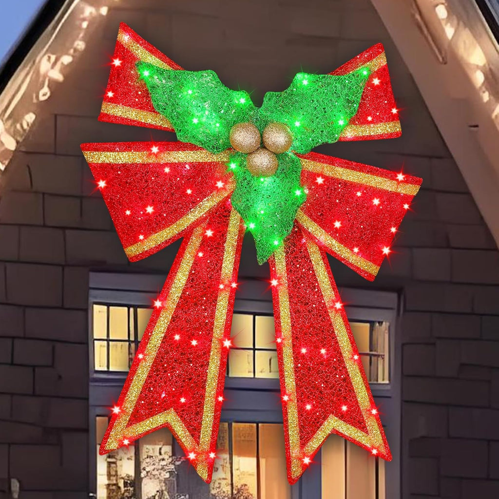 28in Pre-Lit Christmas Bow Decoration, Large Outdoor LED Holiday Yard Deco, Red and Green with Gold Accents, Pre-lit Holiday Door Wreath Topper,16Light Functions, Timer, Hook