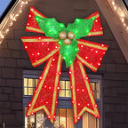 28in Pre-Lit Christmas Bow Decoration, Large Outdoor LED Holiday Yard Deco, Red and Green with Gold Accents, Pre-lit Holiday Door Wreath Topper,16Light Functions, Timer, Hook
